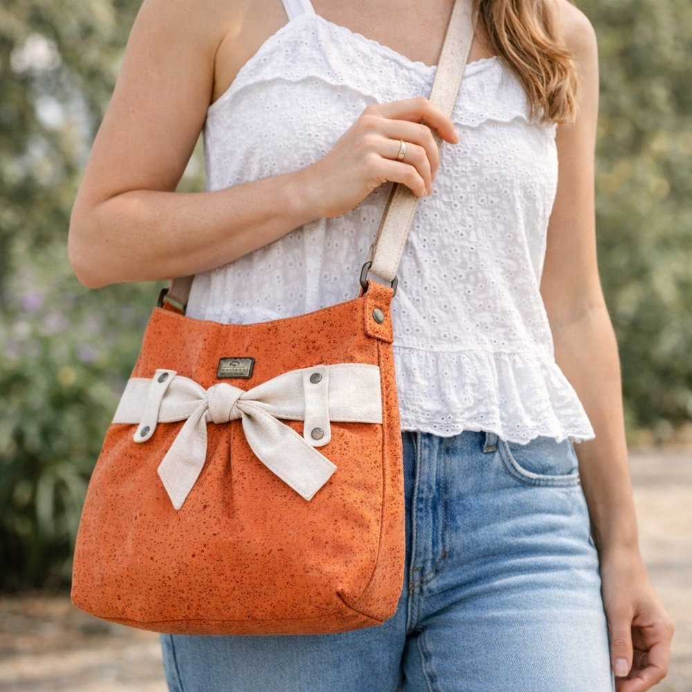 MONTADO Vegan Cork Crossbody Bag Orange Cream Bow‎ Made in Portugal